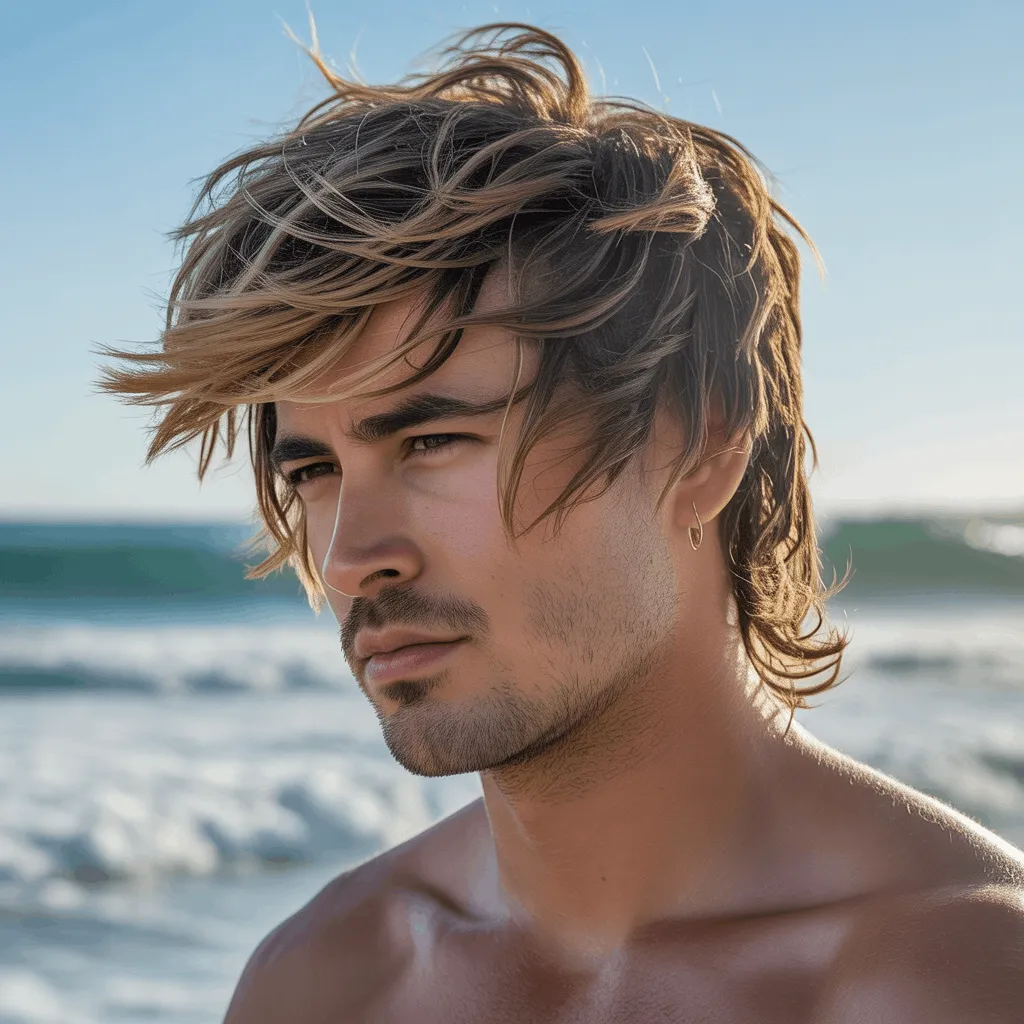 Corte de pelo surfer a capas para hombres con cabello grueso, creando volumen y textura natural.2