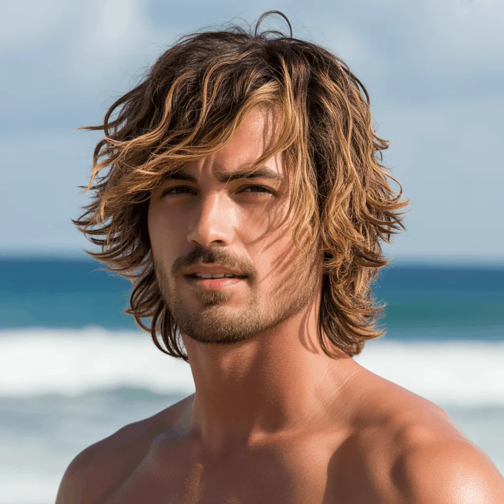 Corte de pelo surfer a capas para hombres con cabello grueso, creando volumen y textura natural.3