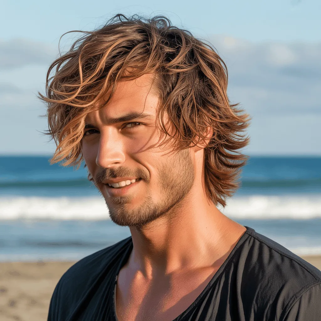 Corte de pelo surfer a capas para hombres con cabello grueso, creando volumen y textura natural.4