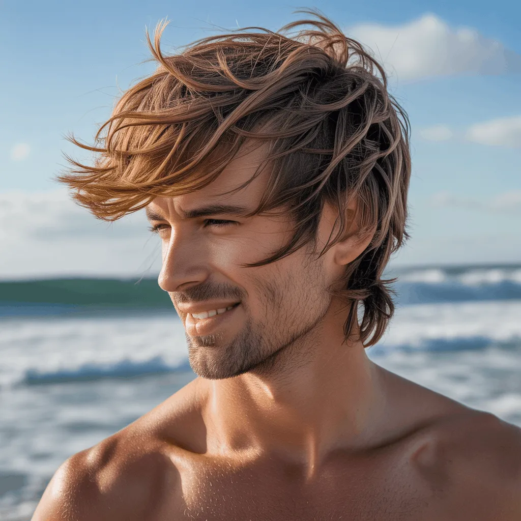Corte de pelo surfer a capas para hombres con cabello grueso, creando volumen y textura natural.