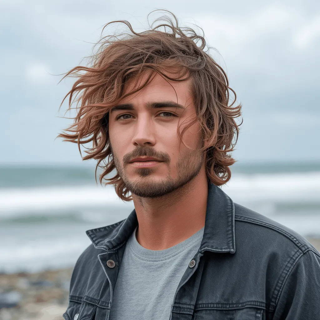 Corte de pelo shaggy surfer para un look punk y despeinado, ideal para un estilo desenfadado.3