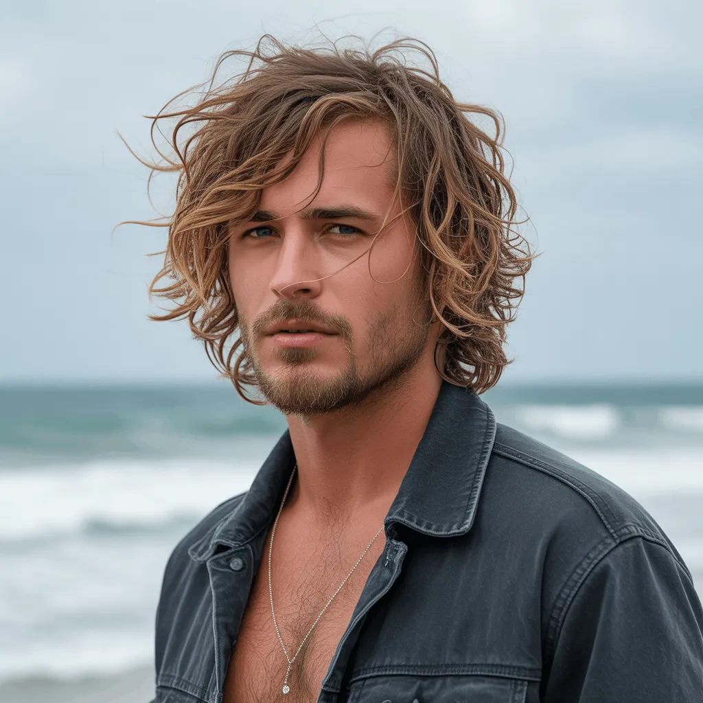 Corte de pelo shaggy surfer para un look punk y despeinado, ideal para un estilo desenfadado.