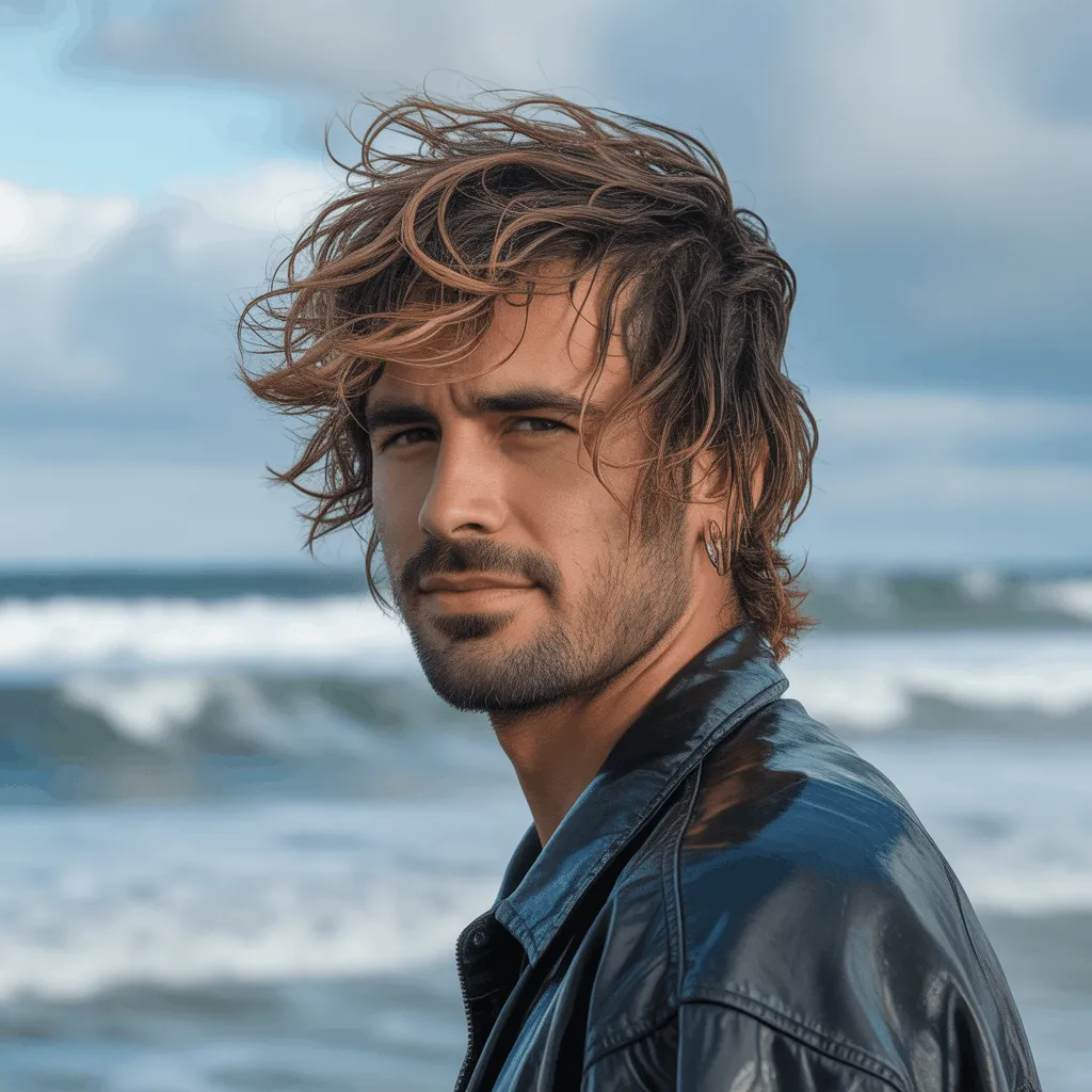 Corte de pelo shaggy surfer para un look punk y despeinado, ideal para un estilo desenfadado.