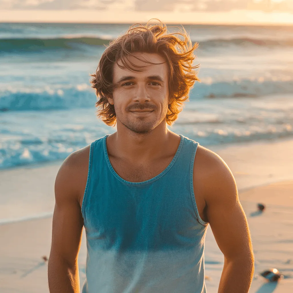 Corte de pelo surfer boy con capas suaves y ondas naturales, estilo relajado para hombres.2