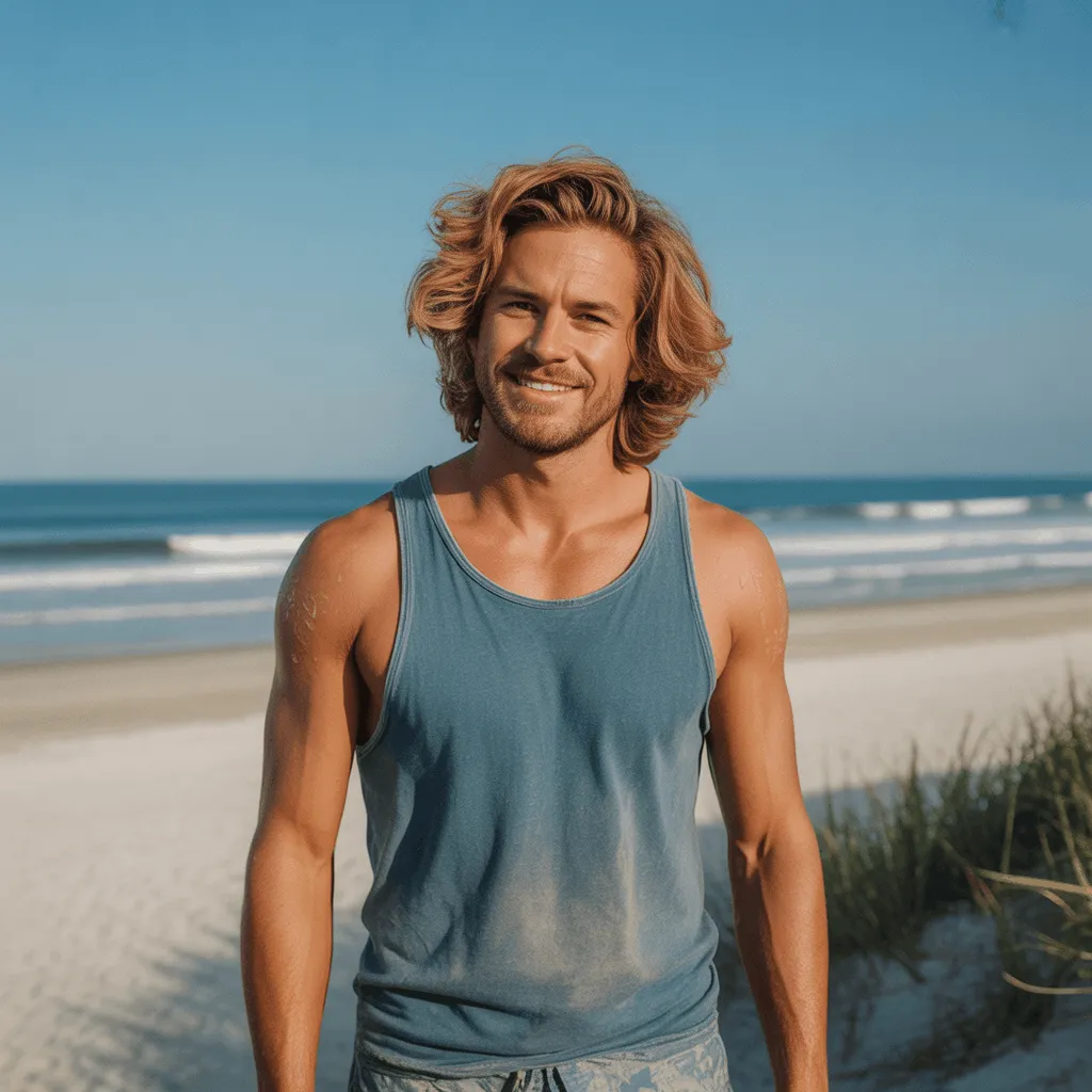 Corte de pelo surfer boy con capas suaves y ondas naturales, estilo relajado para hombres.3