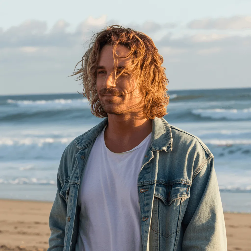 Corte de pelo surfer boy con capas suaves y ondas naturales, estilo relajado para hombres.4