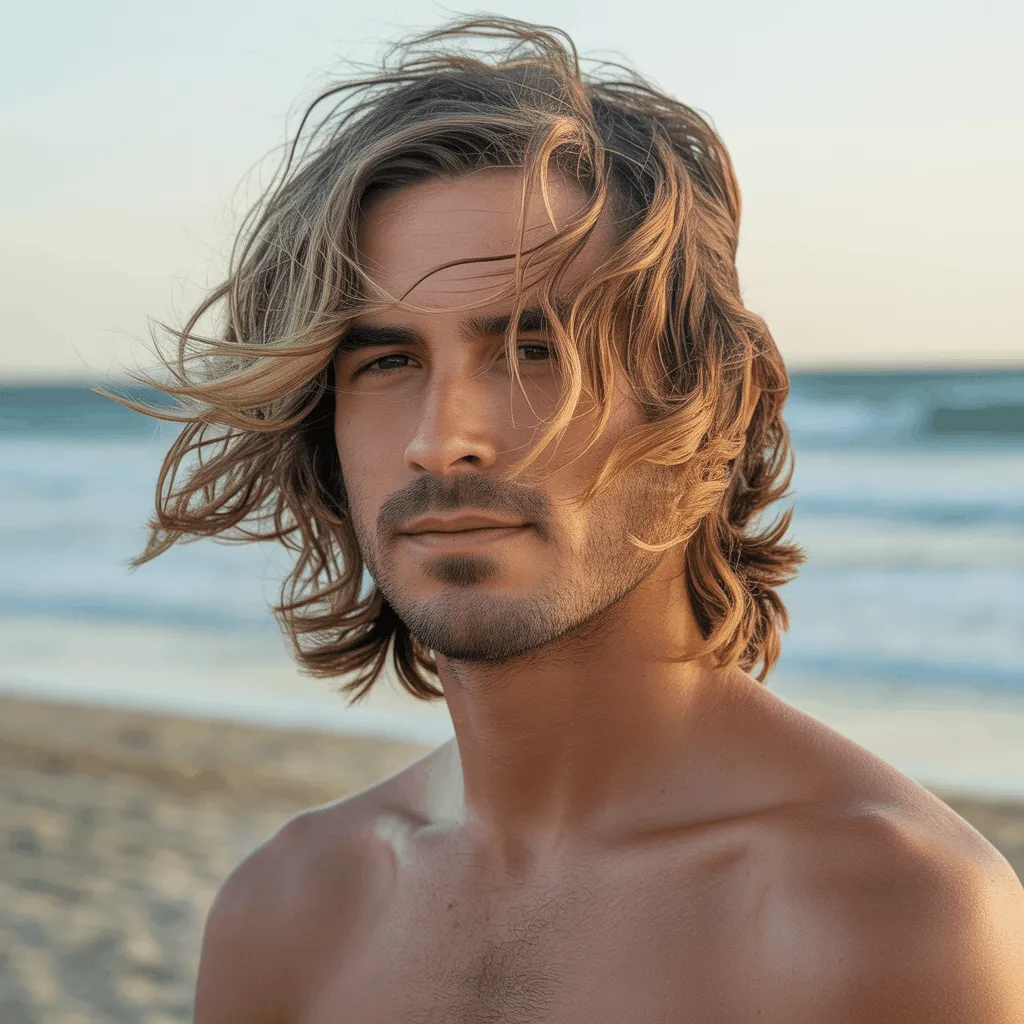 Corte de pelo surfer boy con capas suaves y ondas naturales, estilo relajado para hombres.