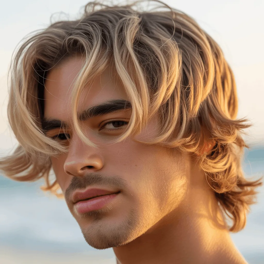 Corte de pelo surfer curtains con largos mechones a ambos lados, inspirado en los años 90.