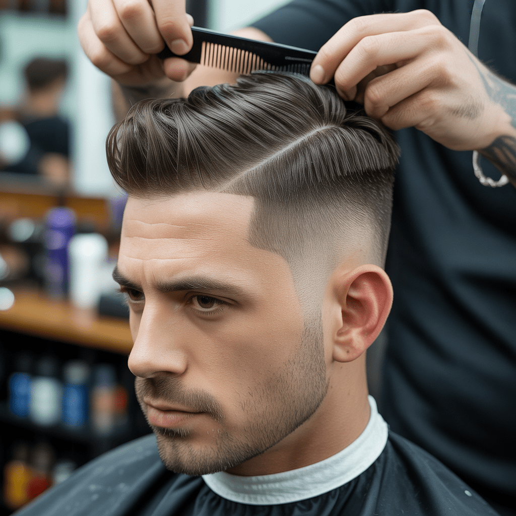 Primer plano de estilo undercut low fade durante el peinado, Undercut Low Fade