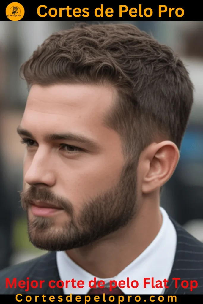 Corte de pelo flat top moderno para hombres con textura en la parte superior y desvanecimiento en los lados, ideal para un look elegante.