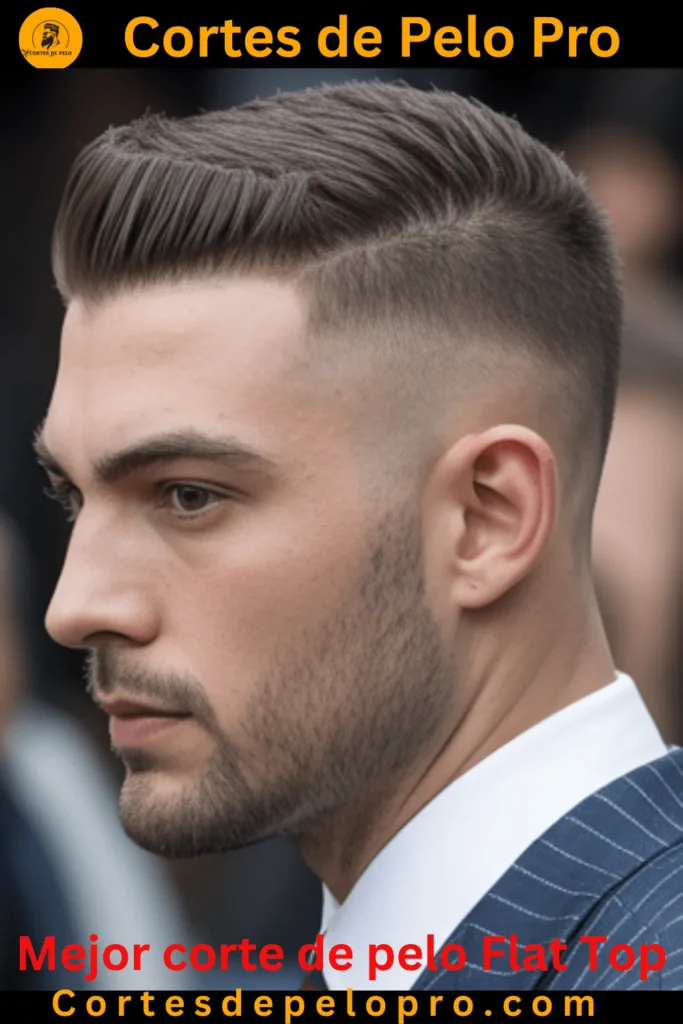 Corte de pelo flat top moderno con desvanecido alto y parte superior texturizada, creando un estilo fresco y afilado.