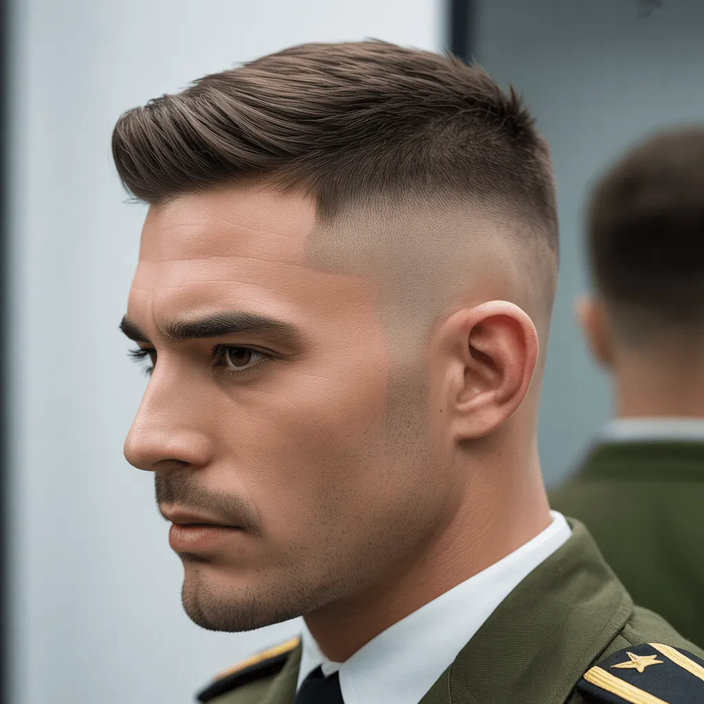 Hombre con corte militar medio-bajo fade, laterales desvanecidos y parte superior con más longitud.