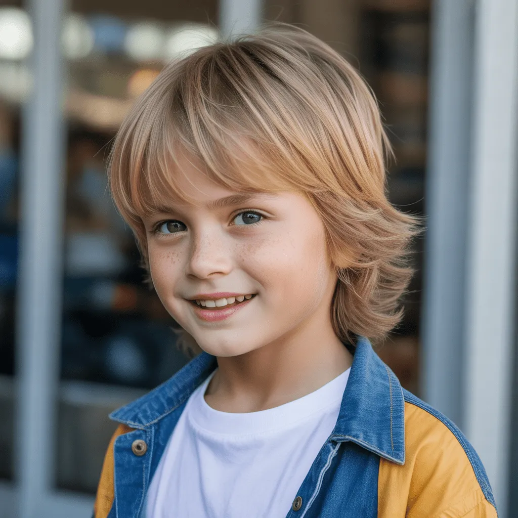 Niño con corte de pelo mullet clásico, laterales cortos y parte trasera larga en estilo moderno.