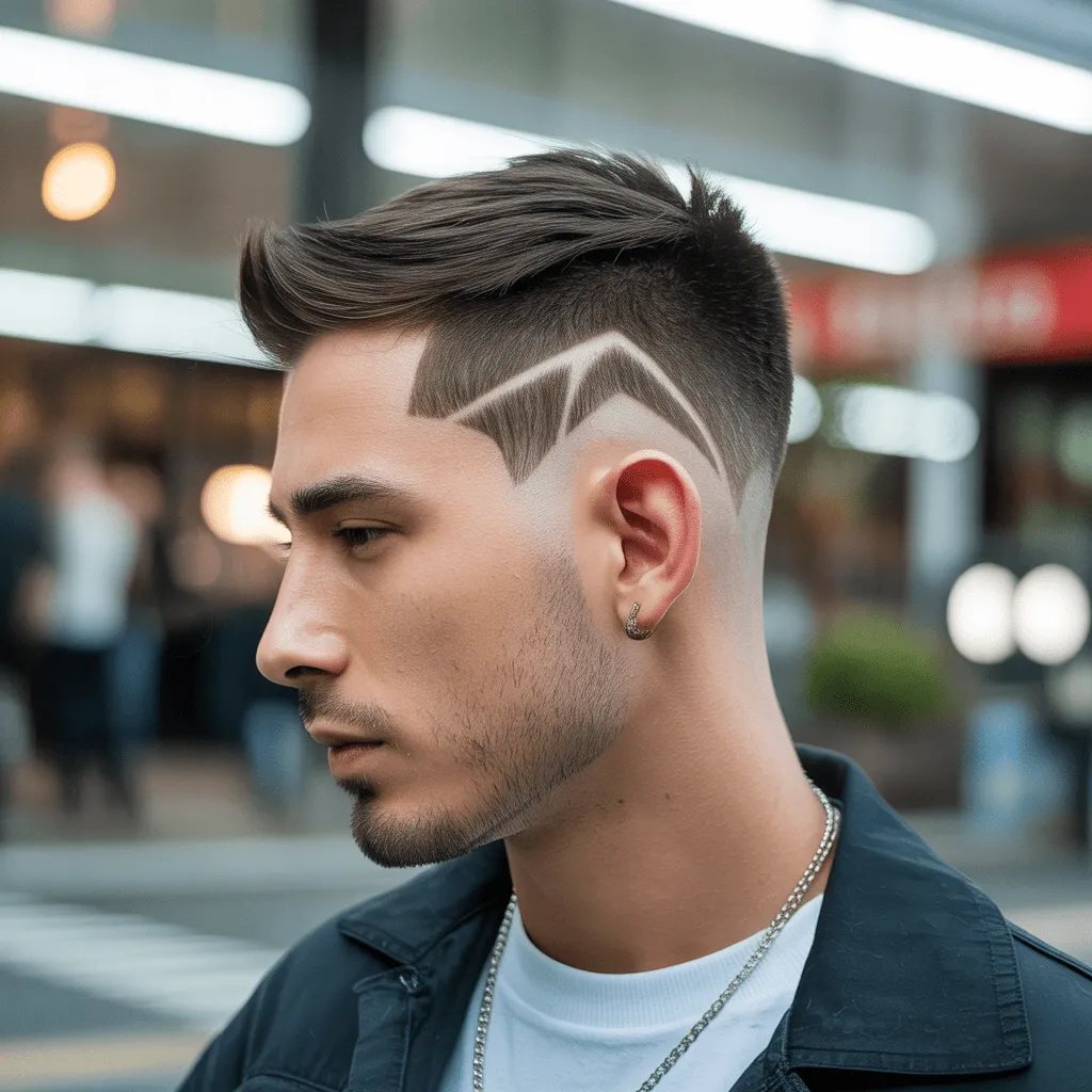 Corte de pelo minimalista con pequeño rayo afeitado y textura marcada.