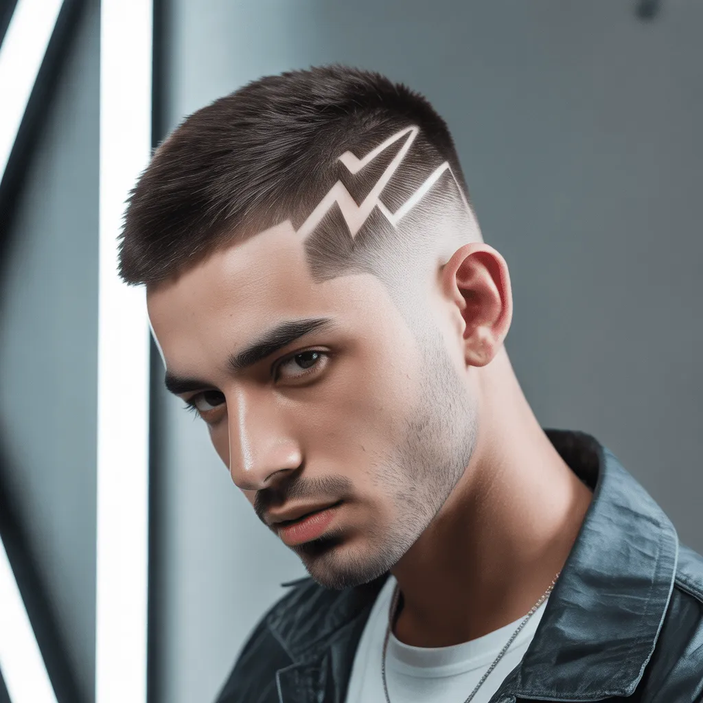Hombre joven con doble diseño de rayo afeitado y high fade moderno.