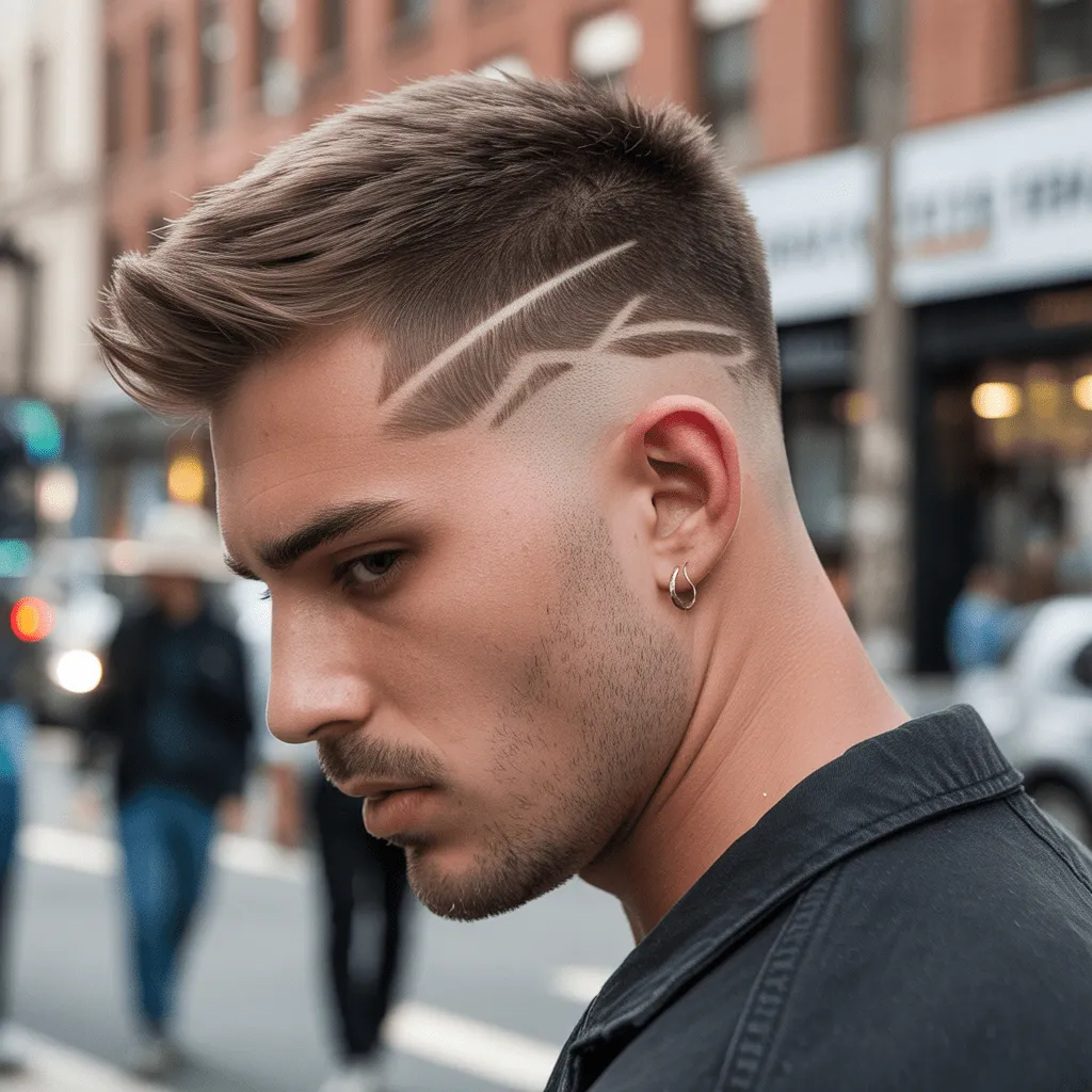 Dos rayos paralelos afeitados en high fade con acabado moderno.