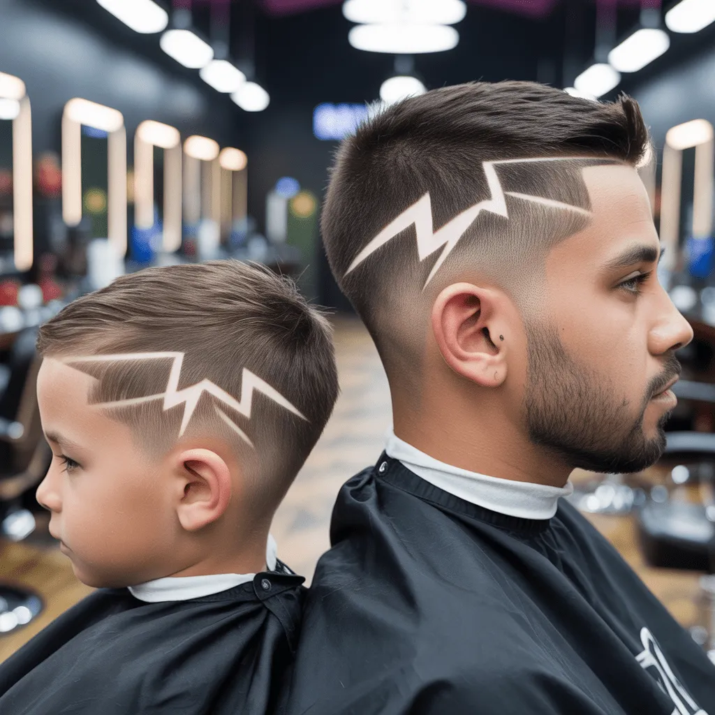 Niño y adulto con corte Lightning Bolt clásico, diseño de rayo afeitado y fade bajo moderno.