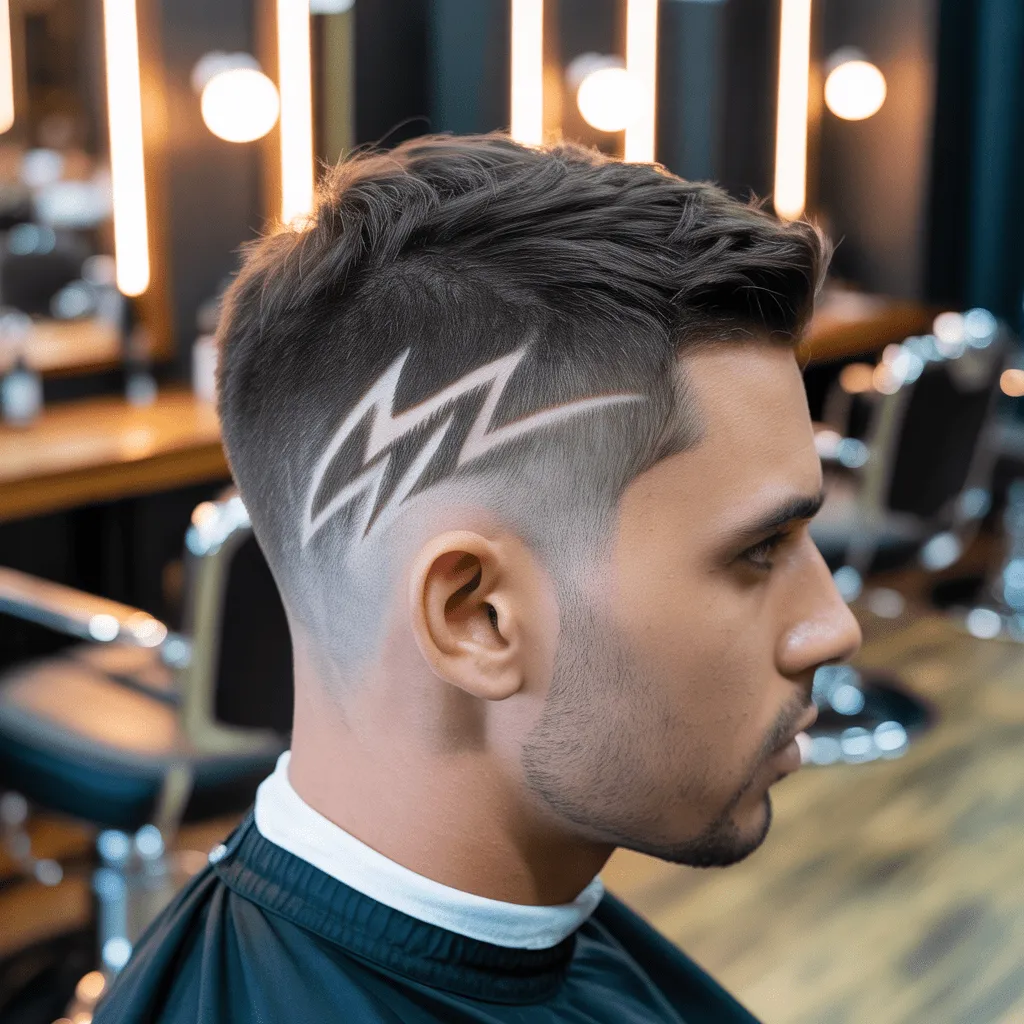 Hombre con diseño de rayo pequeño y discreto, fade medio moderno.