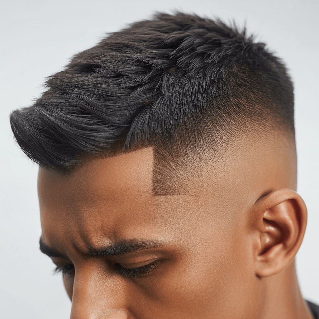 Corte undercut con fade medio y top peinado con volumen natural