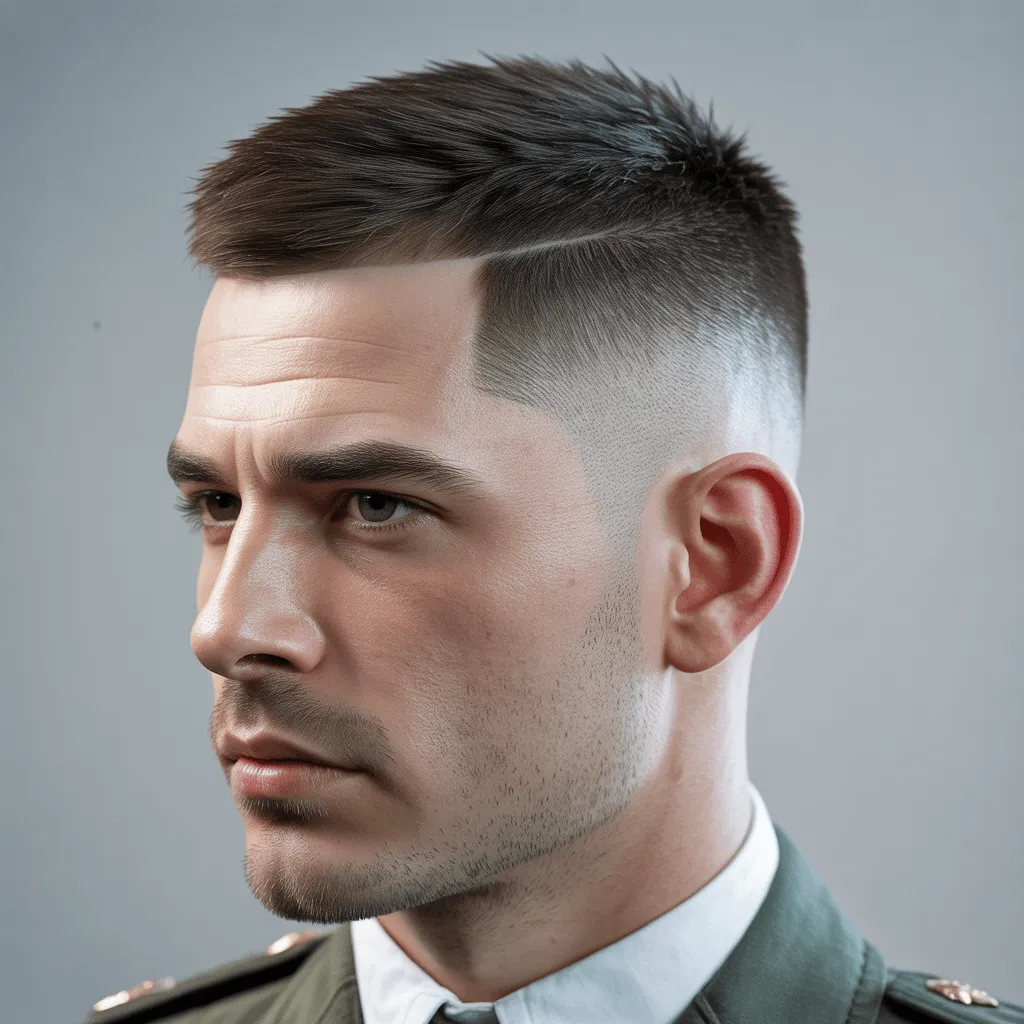 Corte militar corto low fade con laterales muy definidos y parte superior muy corta estilo buzz.