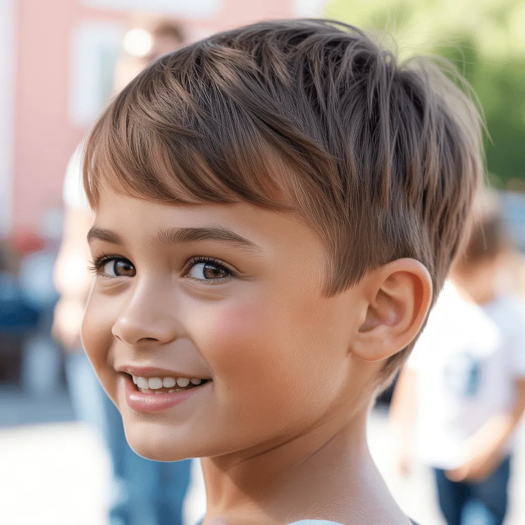 Niño con corte mullet clásico infantil, laterales cortos y parte trasera larga.