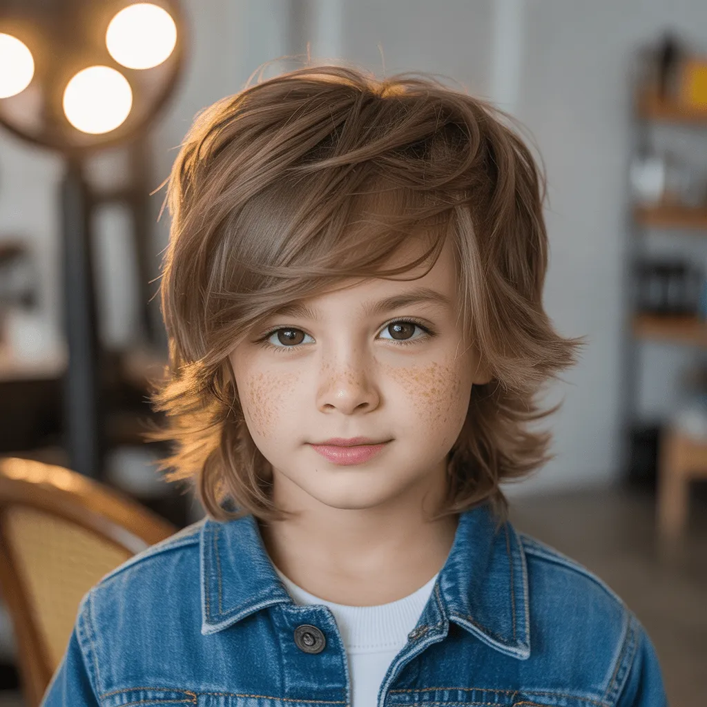 Peinado mullet infantil con textura y capas modernas.