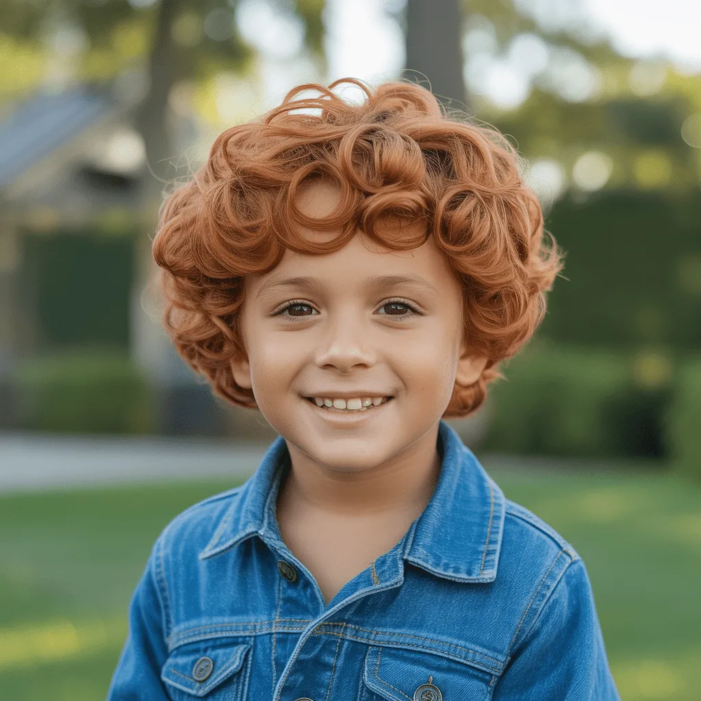 Niño con mullet infantil rizado, rizos definidos y parte trasera más larga.