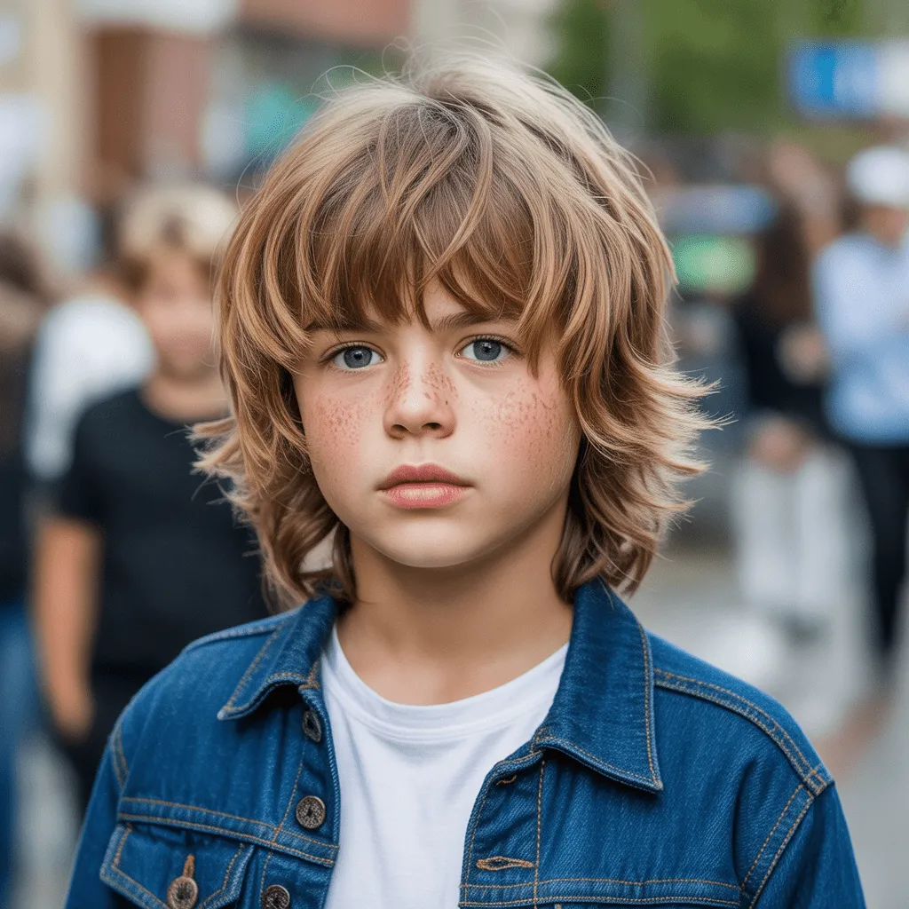 Peinado mullet shaggy para niño con textura ligera y acabado moderno.