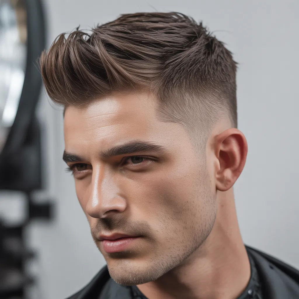 Hombre con corte de pelo quiff corto moderno, lados cortos con fade bajo y quiff bien peinado, estilo masculino profesional 2026