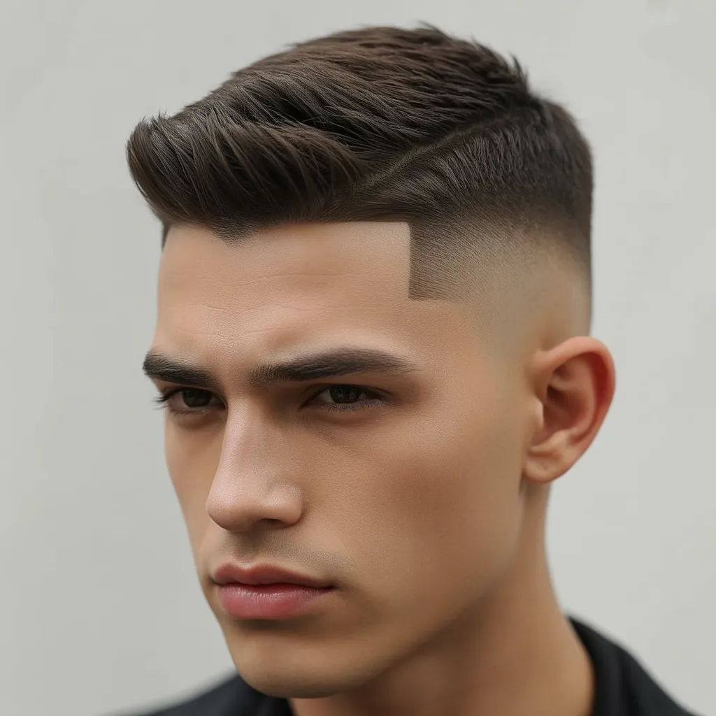 Hombre con corte de pelo quiff corto moderno, lados cortos con fade bajo y quiff bien peinado, estilo masculino profesional 2026