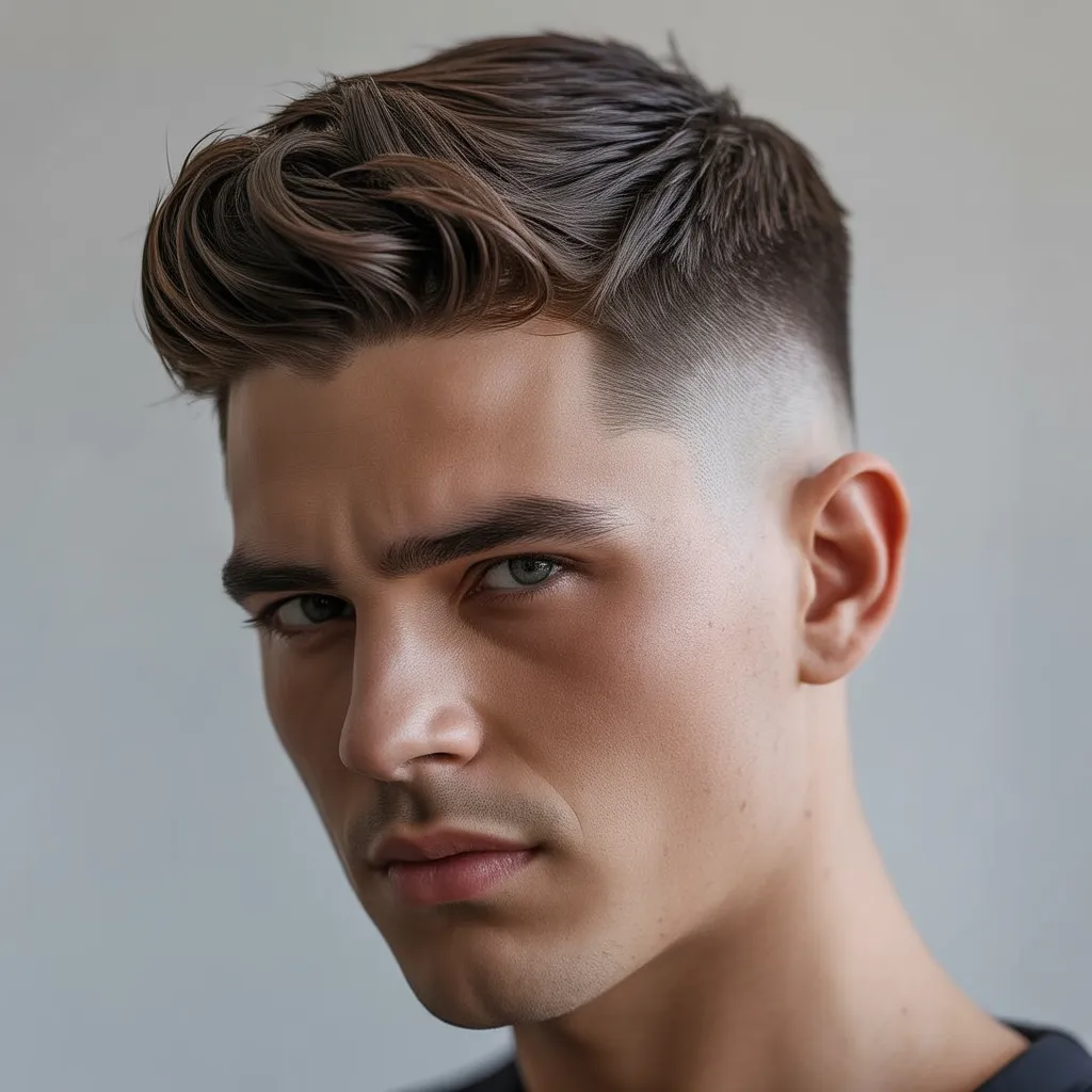 Hombre con corte de pelo quiff corto moderno, lados cortos con fade bajo y quiff bien peinado, estilo masculino profesional 2026