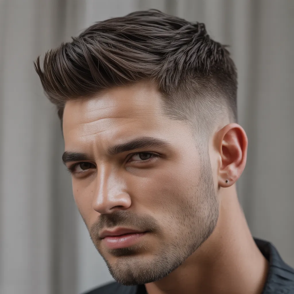Hombre con corte de pelo quiff corto moderno, lados cortos con fade bajo y quiff bien peinado, estilo masculino profesional 2026