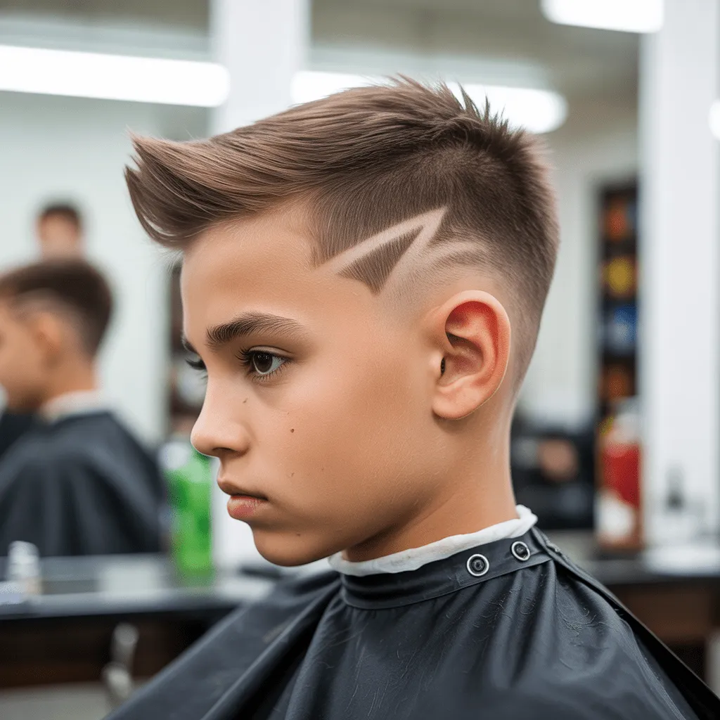 Corte de pelo con rayo clásico y líneas afeitadas definidas en barbería profesional.