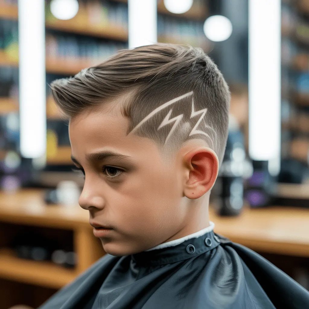 Hombre con corte Lightning Bolt clásico y fade bajo marcado, estilo moderno 2025.