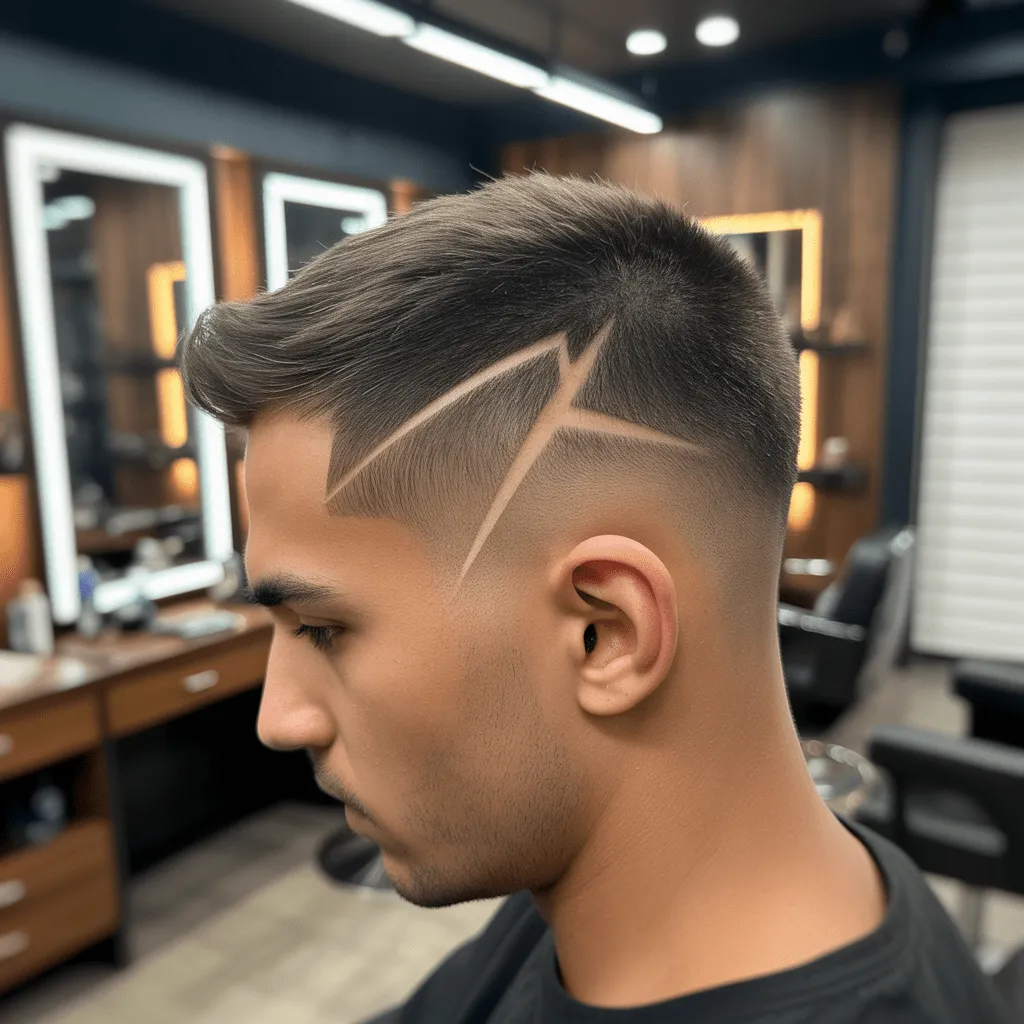 Diseño de rayo sutil con fade medio y estilo moderno en barbería elegante.