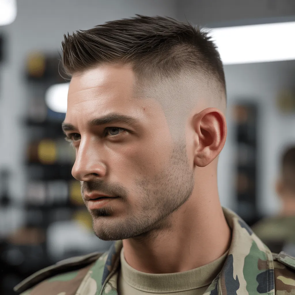 Hombre con corte militar low fade moderno, con textura arriba y desvanecido limpio en los laterales.