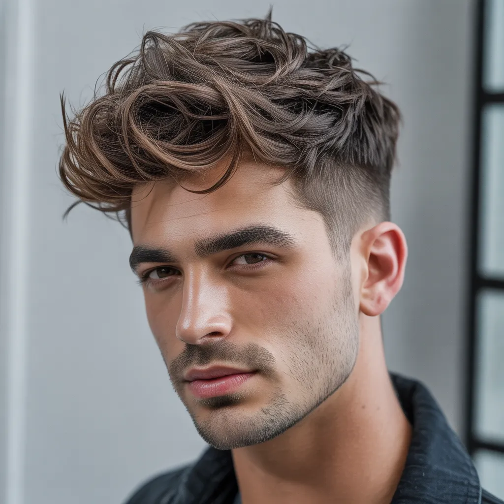 Hombre con quiff despeinado y texturizado, estilo casual y moderno, volumen controlado, look relajado pero atractivo, tendencia masculina 2026