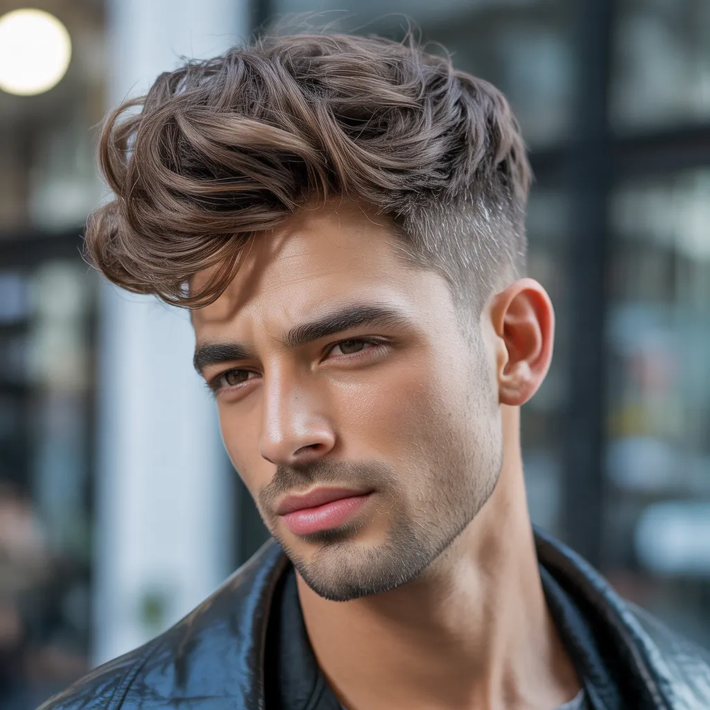 Hombre con quiff despeinado y texturizado, estilo casual y moderno, volumen controlado, look relajado pero atractivo, tendencia masculina 2026