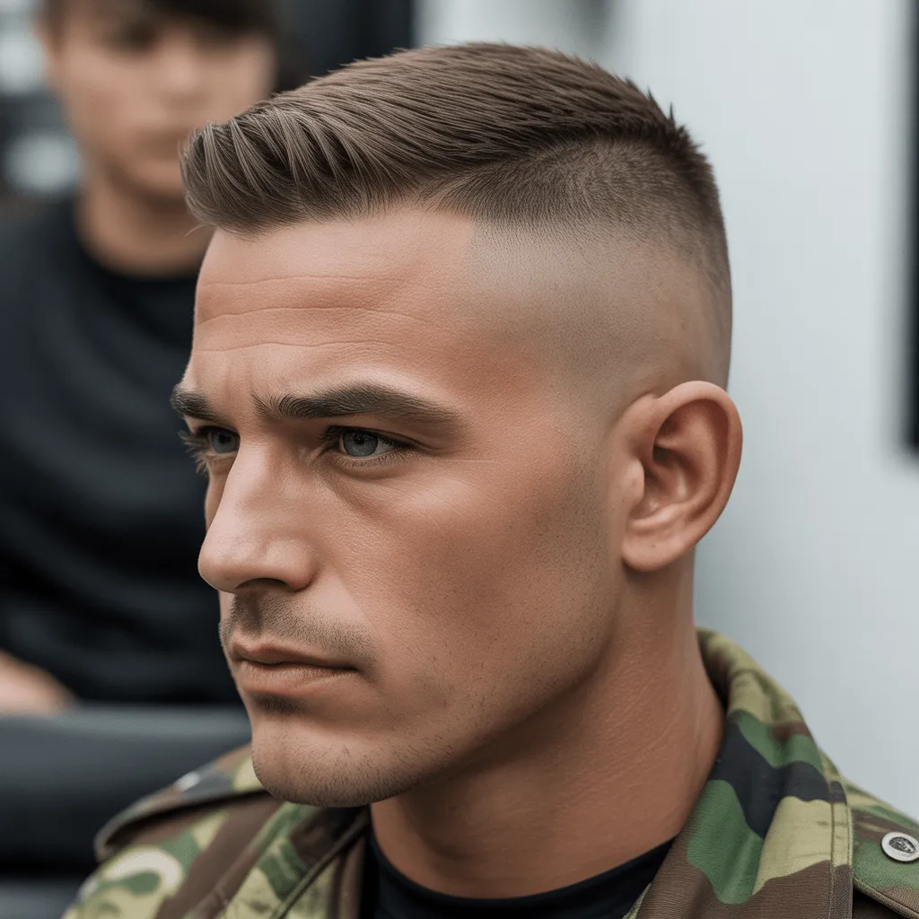 Hombre con corte militar low fade y parte superior texturizada para un estilo moderno y masculino.