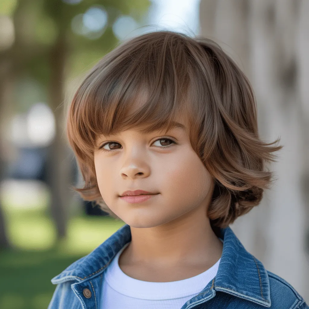 Niño luciendo un mullet clásico con frente corto y capa larga posterior.