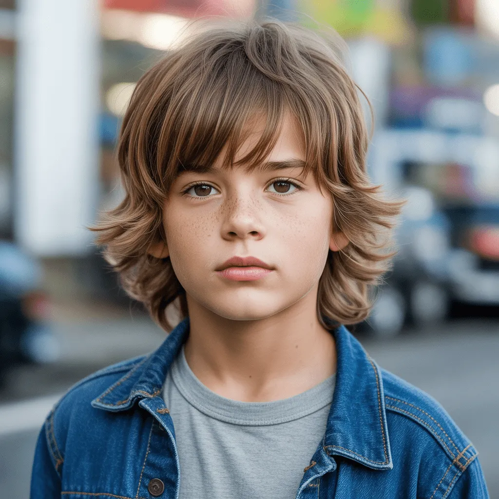 Niño con mullet shaggy infantil de estilo relajado y casual.