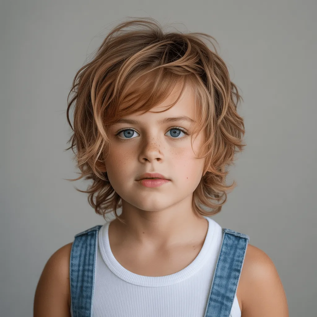 Niño con mullet moderno de textura ligera y estilo desenfadado.