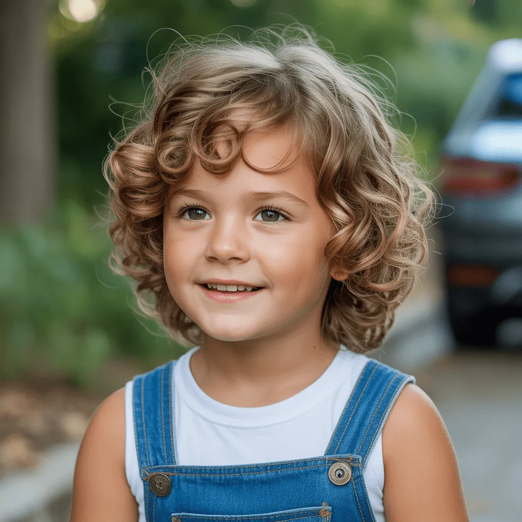 Niño con mullet rizado infantil y rizos naturales definidos.