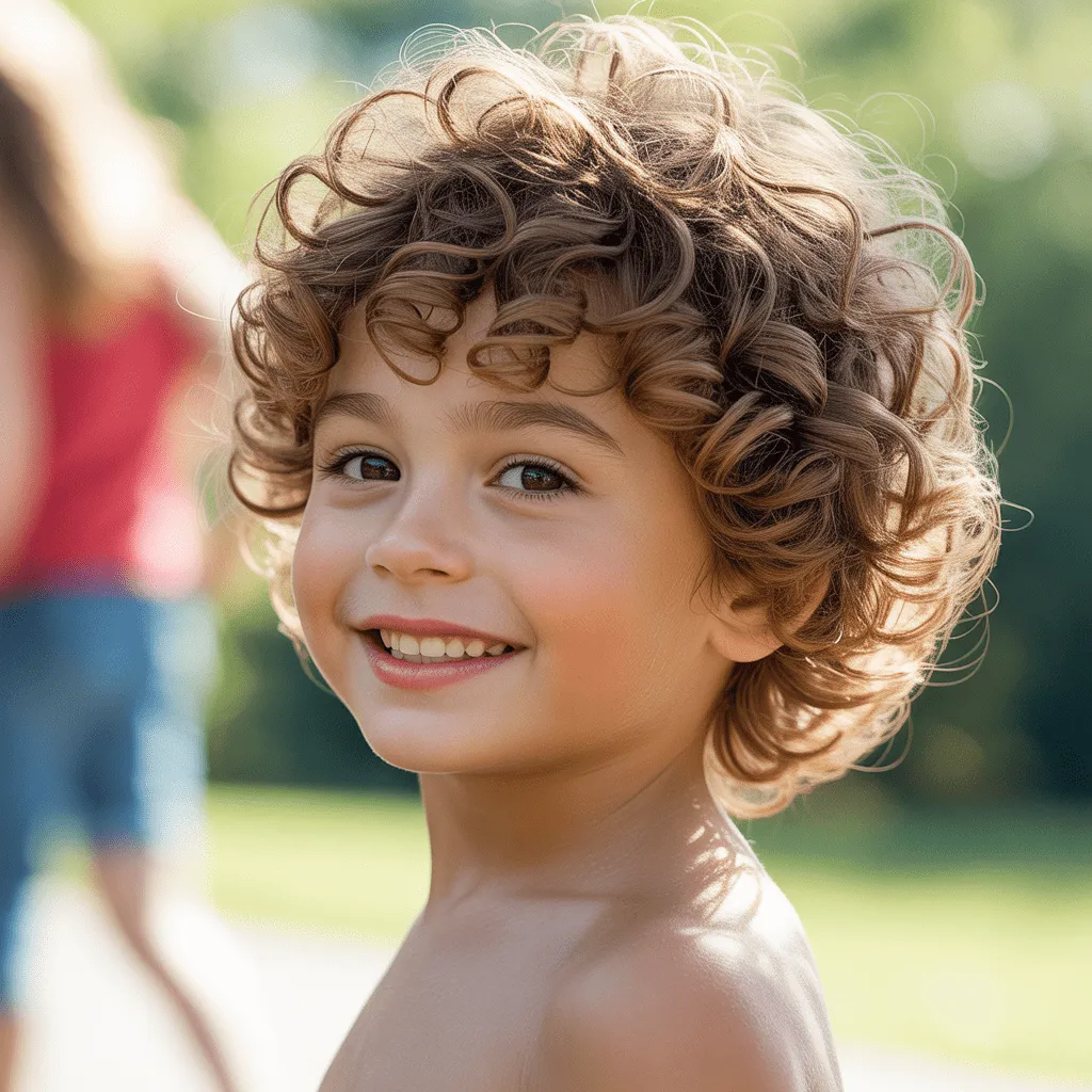 Niño con rizos naturales usando un mullet moderno y largo atrás.