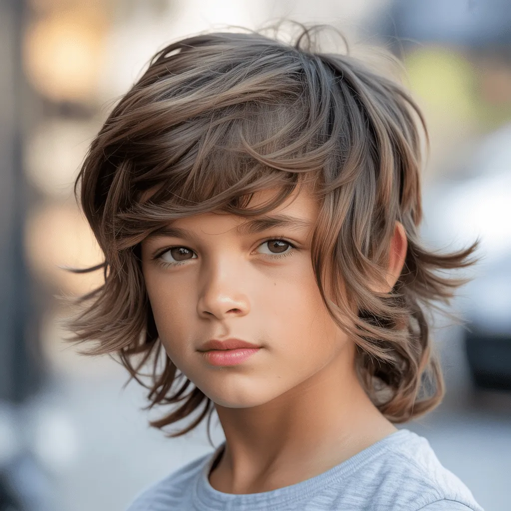 Niño con corte mullet shaggy despeinado y capas largas.