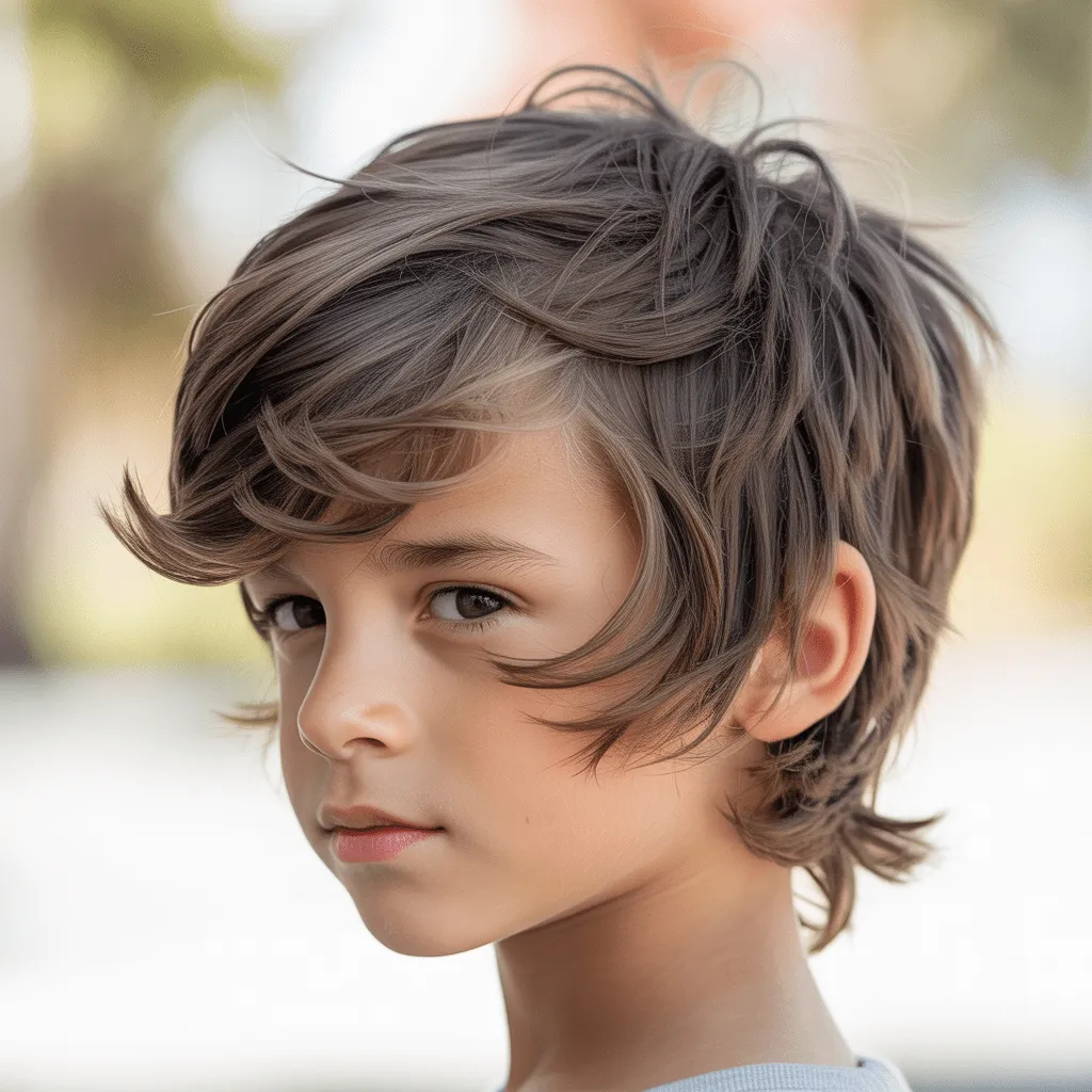 Niño con corte mullet shaggy para niños, con textura despeinada y capas largas.