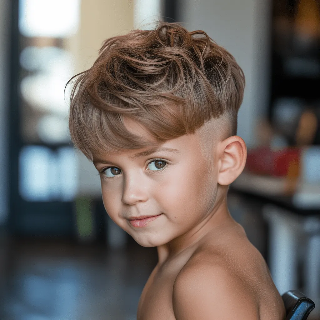Niño con mullet moderno texturizado, capas desordenadas y estilo juvenil.