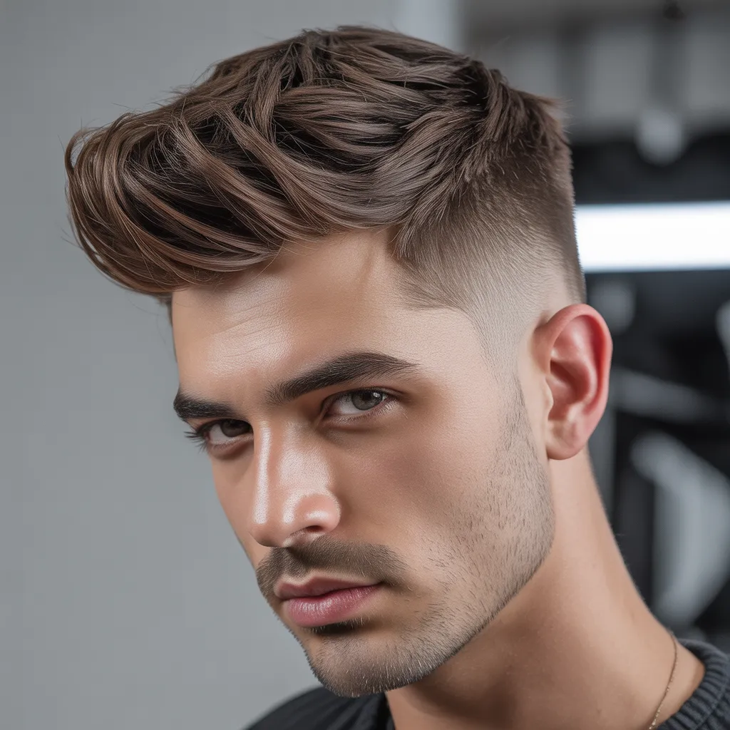 Hombre con quiff y fade degradado, quiff voluminoso arriba y lados desvanecidos, corte moderno y elegante, estilo barbería profesional 2026