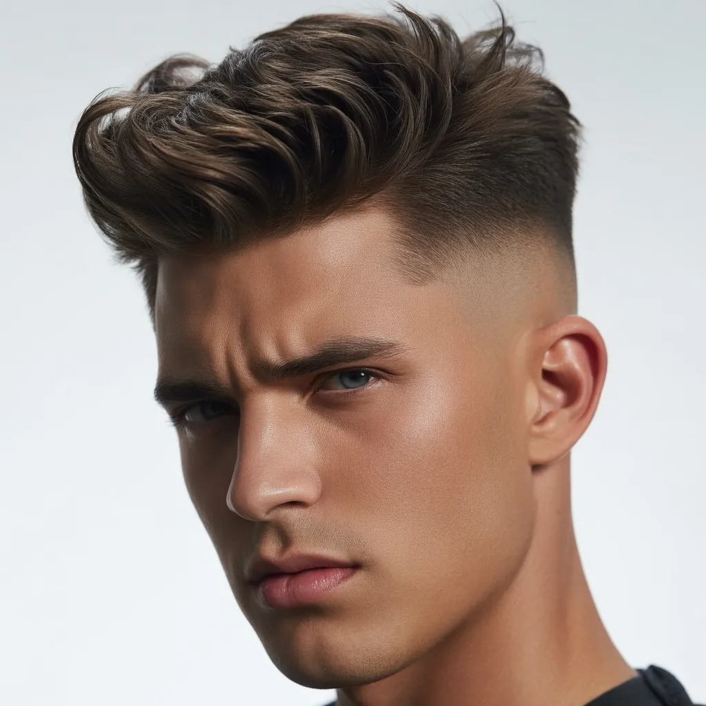 Hombre con quiff y fade degradado, quiff voluminoso arriba y lados desvanecidos, corte moderno y elegante, estilo barbería profesional 2026