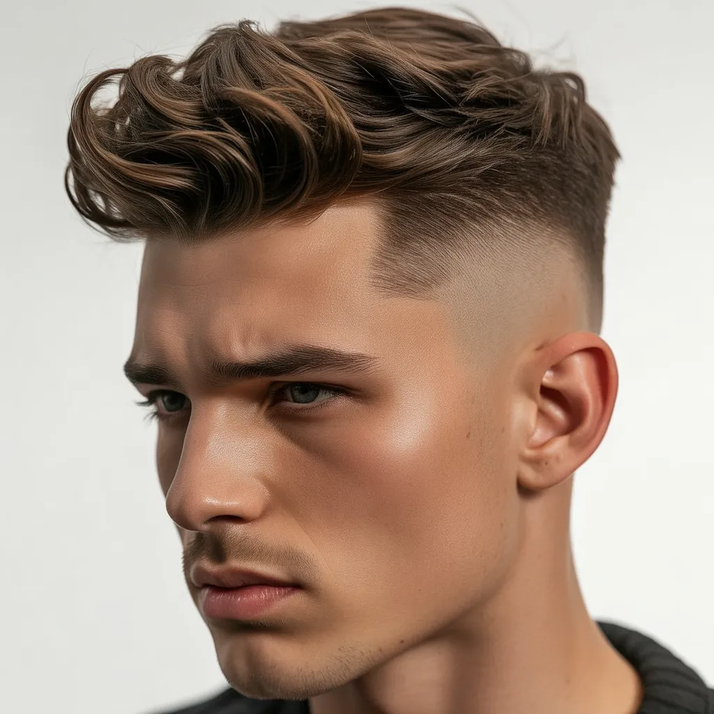 Hombre con quiff y fade degradado, quiff voluminoso arriba y lados desvanecidos, corte moderno y elegante, estilo barbería profesional 2026